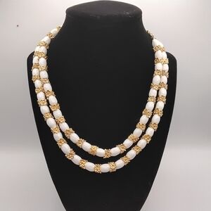 VTG 1960s White Lucite Double Stranded Bib Necklace w/ Gold-Tone Floral Accents